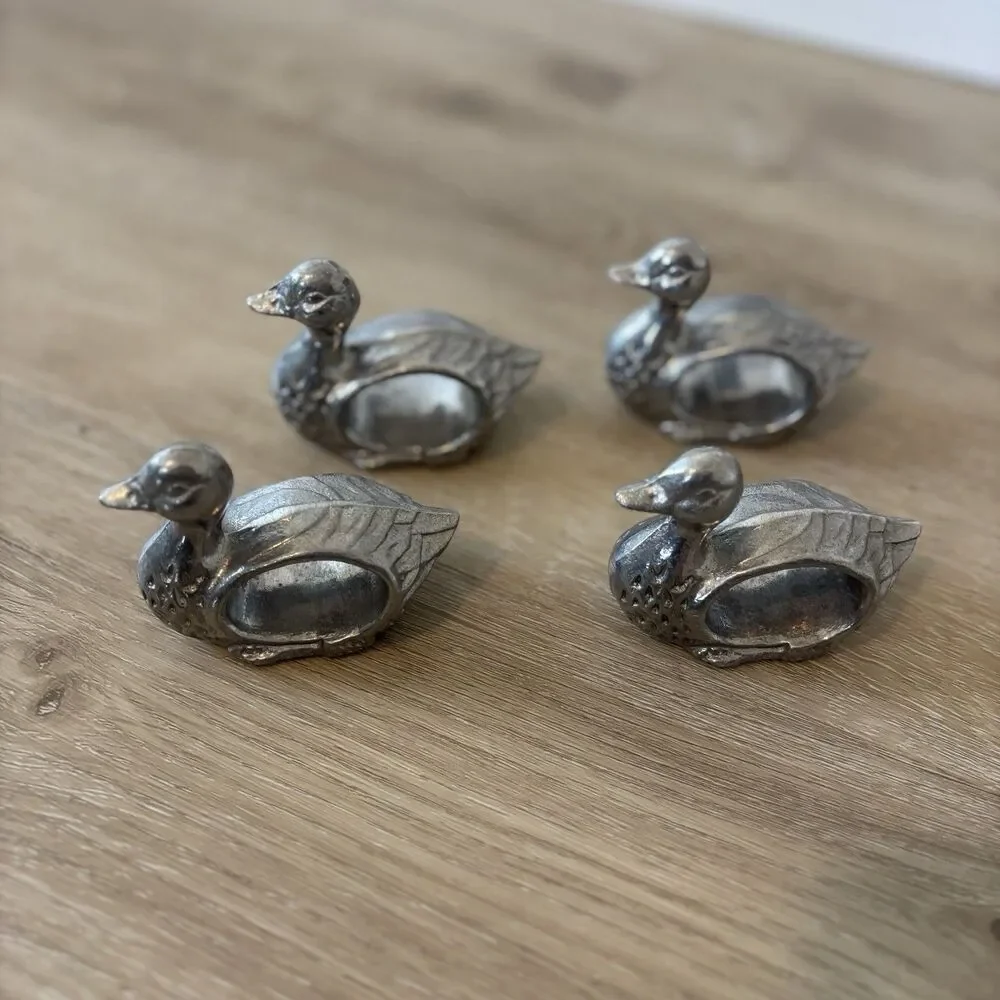 Vintage Pewter/ Metal Duck Napkin Rings Set 4 Grandmacore Cottagecore TableDecor